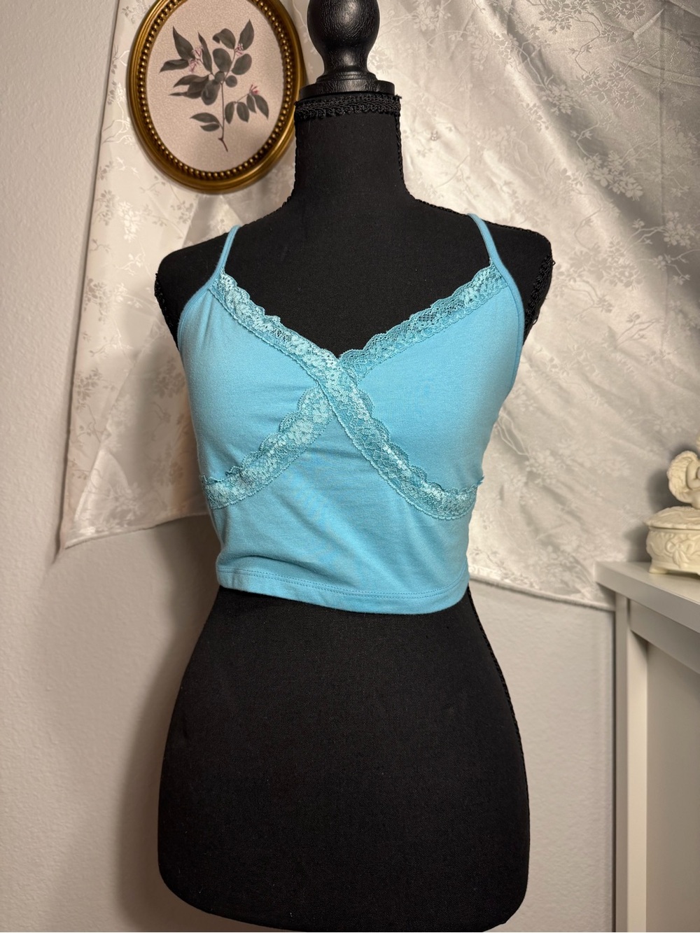 No Boundaries Light Blue Lace Trim Camisole Crop Top - Women Intimates